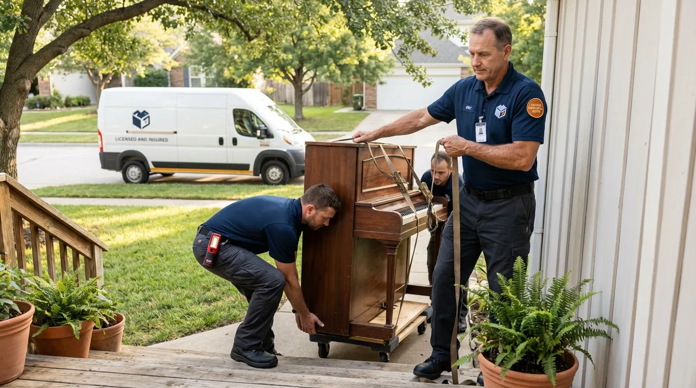 Licensed piano movers securing grand piano in Riverside, MO