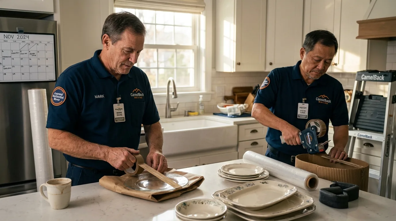 Professional crew packing kitchen dishware in Riverside, MO